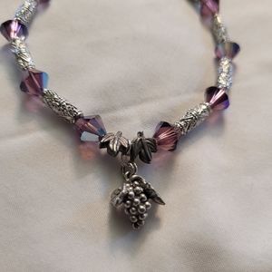 Wine Lover Grape Charm Leaf Toggle Purple Crystal Silver Toned Bracelet Napa